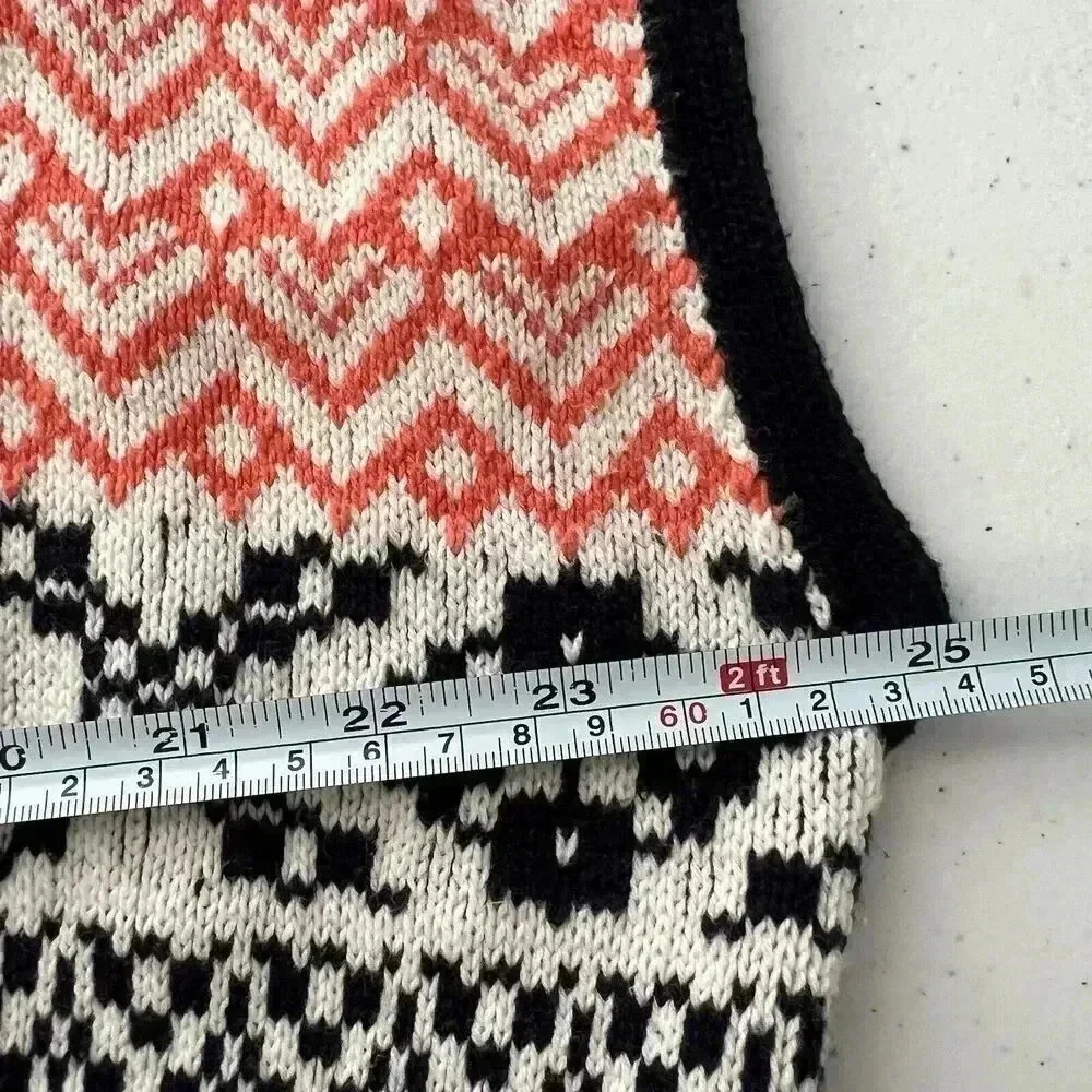 Lucky Brand Fringe Jacquard Cardigan Sweater Vest Sz M Orange Black Aztec‎